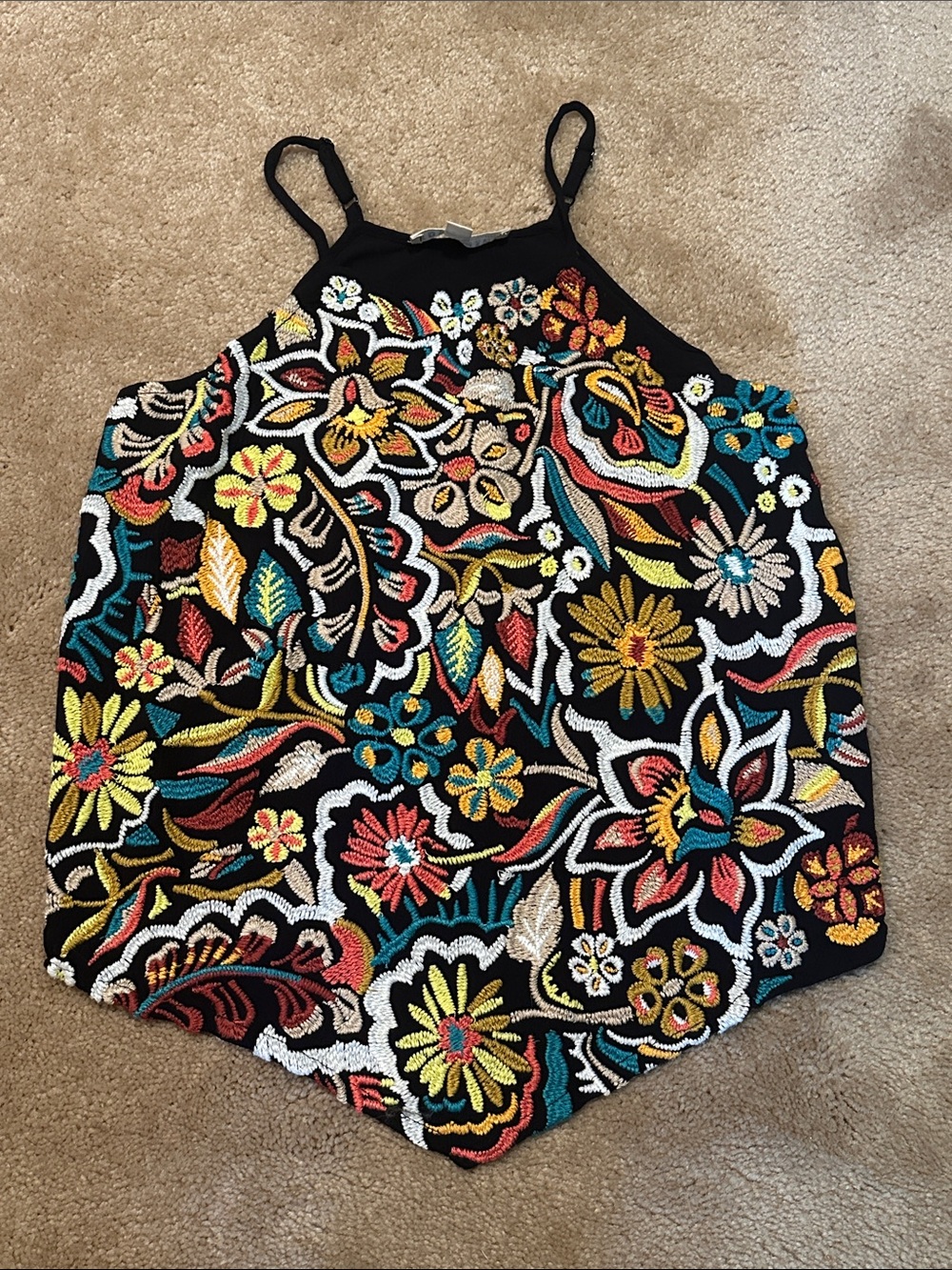 Idyllwind Black Floral Embroidered Halter Camisole with Multicolor Accents